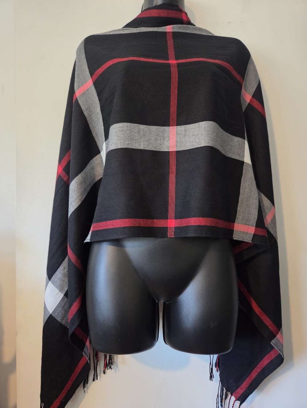 Black Plaid Fringe Wrap